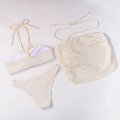 2025 Sexy Flowers Three Pieces Bikini Set Swimsuit For Women Solid Bandage Swimwear Female Bathing Suit Beachwear Swimming Suit