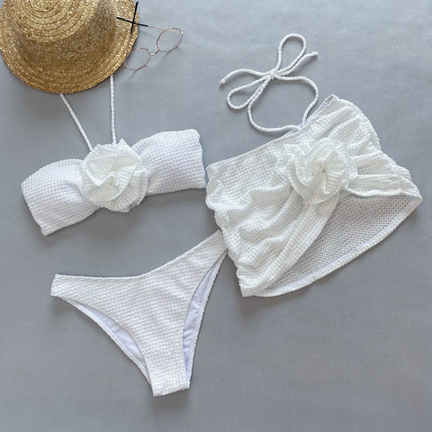 2025 Sexy Flowers Three Pieces Bikini Set Swimsuit For Women Solid Bandage Swimwear Female Bathing Suit Beachwear Swimming Suit