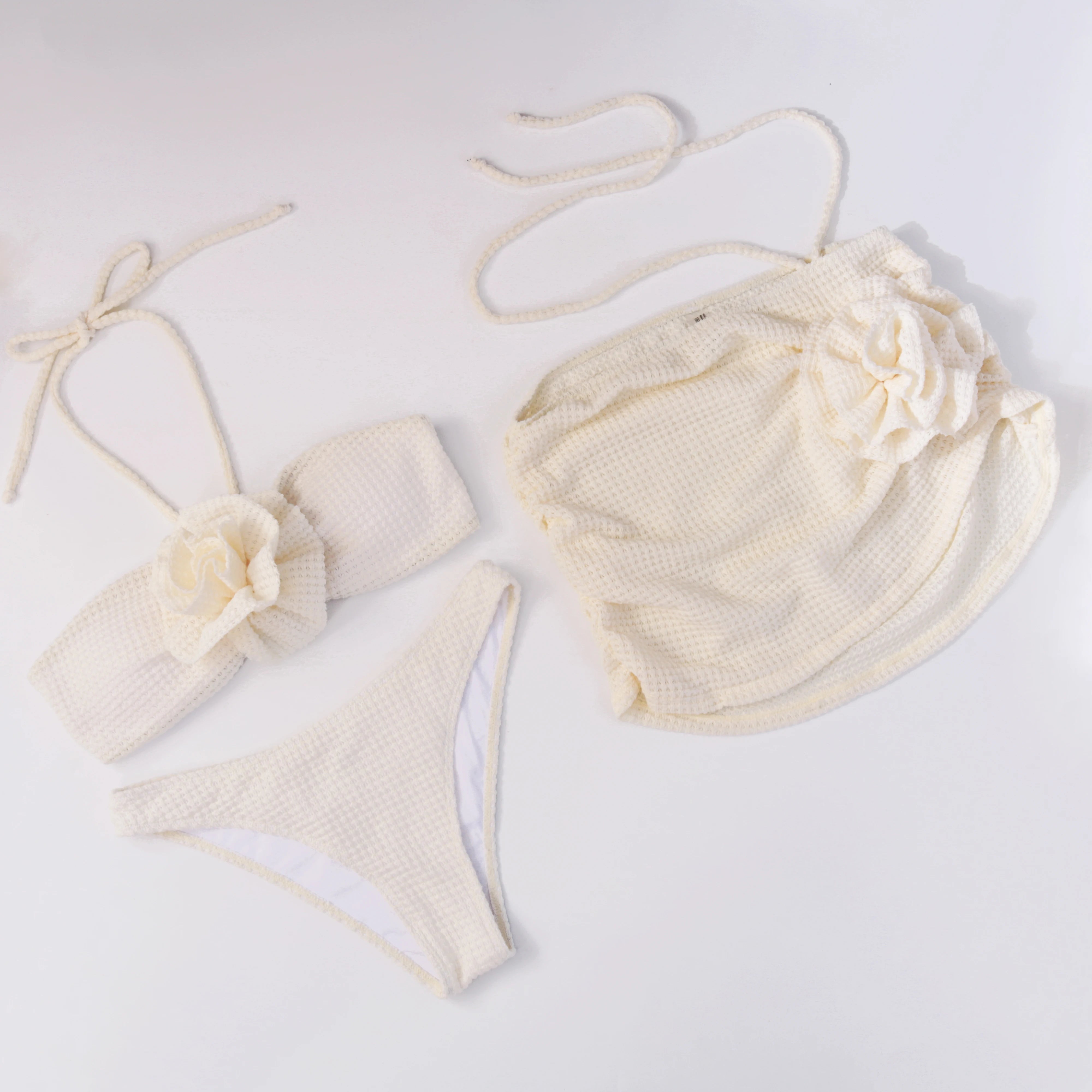 2025 Sexy Flowers Three Pieces Bikini Set Swimsuit For Women Solid Bandage Swimwear Female Bathing Suit Beachwear Swimming Suit